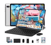 Tablette Android avec Gemini AI Tablette10 Pouces, 128Go ROM(2 To TF Extensible), Octa-Core, Widevine L1, GMS Certification, 5GWiFi, 5+8MP, Bluetooth 5.0, Tablette avec Clavier +Souris et Cast, Silver