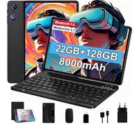 Tablette Android Tablette 10 Pouces 22Go RAM+128Go ROM (Extensible 1To), Octa-Core 2.0 Ghz, WiFi 6/5G/2.4G, Widevine L1, 8000 mAh, 1080P, 5MP + 8MP, Bluetooth 5.0, Tactile, Clavier+Souris et Cas-Noir
