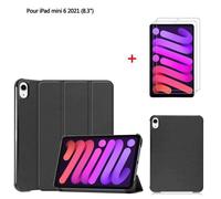 Tablette Coque iPad mini 6 2021 8.3 Noir Housse PU Cuir Avec Film de protection d'écran Film trempé 2 Pack