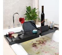 Tablette de bain Plateau réglable pour baignoire avec porte-gobelet Support de téléphone portable Bambou Noir