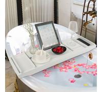 Tablette de bain Plateau réglable pour baignoire avec porte-gobelet Support de téléphone portable Bambou Blanc