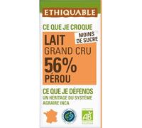 Tablette De Chocolat Au Lait 56% Cacao Pérou Bio ETHIQUABLE - la tablette de 100g Lot De 4 - Par Lot