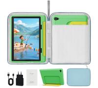 Tablette Enfant 10 Pouces, 14Go + 64Go + 1To TF, 5000 mAh, Écran HD 1280x800 IPS, Double caméra 8MP+5MP, Wifi, Contrôle Parental, Préinstallé KIDOZ, avec Kid-Proof Étui Vert et Sac d'ordinateur Bleu