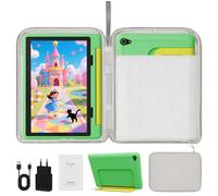 Tablette Enfant 10 Pouces, 14Go + 64Go + 1To TF, 5000 mAh, Écran HD 1280x800 IPS, Double caméra 8MP+5MP, Wifi, Contrôle Parental, Préinstallé KIDOZ, avec Kid-Proof Étui Vert et Sac d'ordinateur Gris