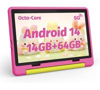 Tablette enfant 10 pouces Android 14 avec 14 Go + 64 Go + 1 To TF, Écran HD 1280x800, 5000 mAh, Double Caméra avec Kid-Proof Etui (Rose)