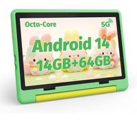 Tablette enfant 10 pouces Android 14 avec 14 Go + 64 Go + 1 To TF, Écran HD 1280x800, 5000 mAh, WIFI 6, Bluetooth 5.3, Double Caméra avec Kid-Proof Etui (Vert)