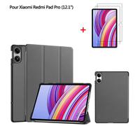 Tablette Housse Pour Xiaomi Redmi Pad Pro 12.1 Gris Housse PU Cuir Avec Film de protection d'écran Film trempé 2 Pack
