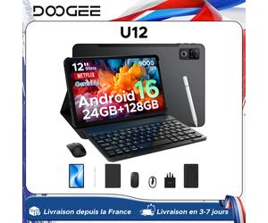 Tablette PC DOOGEE U12 Android 16, écran 12 pouces S, 24 Go de RAM (6 Go + 18 Go), 128 Go, batterie 9000 mAh, UNISOC T7255, Widevine L1, double haut-parleur 6GB 126GB Black
