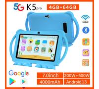 Tablette pour enfants BDF K5 Pro 7 pouces, étui de protection pour enfants, 5G WiFi, tablette éducative Google, 4 Go de RAM, 64 Go de ROM, 4000 mAh Bleu