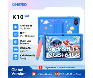 Tablette pour enfants KINGRID K10 10'' Android 15 4 Go de RAM + 8 Go extensibles 64 Go de ROM WiFi 5G Widevine L1 5000 mAh Tablette PC Android Contrôle parental Pink