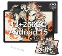 Tablette Tactile 10,1'' Android 15, 12Go RAM+256Go ROM, WiFi 2.4G+5G, Bluetooth 5.0, avec Clavier AZERTY - Noir