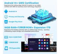Tablette Tactile 12 Pouces Grand Écran 16Go Ram,128Go Rom,Octa Core Performantes Tablette Android 14 Wi-Fi 6,Bluetooth 5.2,2 Haut-Parleurs,7200Mah,Affichage Multi-Fenêtres,Design Fin (Noir)