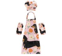 Tablier artistique réglable pour enfants de 3 à 12 ans Motif teckel mignon et petites fleurs Rose, dessin animé mignon teckel et petites fleurs rose, S