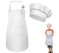 Tablier Cuisine Enfant,Tablier Enfant et Chapeau de Chef Set,Réglables Tablier Enfant,Tablier Enfant Cuisine Blanc,Bambin Tablier avec Poches,Tablier Enfant Peinture pour Filles Garçons 6-13 Ans