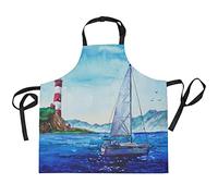 Tablier de cuisine avec poches, motif phare de mer, voilier pour homme et femme, tablier de cuisine, restaurant, café, serveur avec col réglable, multicolore
