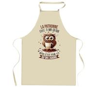 Tablier de cuisine La Patronne Chouette Café | Cadeau Original Humour pour Cuisinière Vêtement Blouse de protection Barbecue Jardinage Tablier de Travail Tâches ménagères