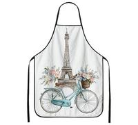 Tablier de cuisine Motif Paris Tour Vintage Vélo Floral Design Printemps Style parisien Tablier Lavable pour BBQ Garde, blanc, 24x31 Inch