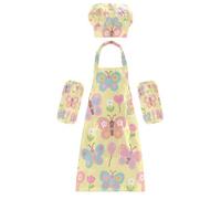 Tablier de cuisine pour enfants multi-usage Motif papillons colorés et fleurs de dessin animé Ensemble de tabliers de cuisine pour tout-petits garçons et filles 3 à 12 ans, Papillons colorés et fleurs