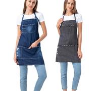 Tablier de cuisine réglable en coton denim avec poches pour femmes et hommes, cafés, bars, cuisines, Gris et bleu foncé, S