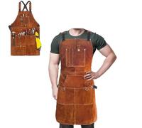 Tablier de soudure en cuir pour homme, 6 poches pour homme - Résistant à la chaleur - Protection contre les flammes - En cuir de vache - Pour atelier, forgeron, armurier - Rangement d'outils