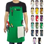 Tablier de travail multifonction en toile de coton, plusieurs poches, poids croisé réglable, barbecue, cuisine, café ou atelier, tablier pour homme et femme, tailles M à XXL (vert)