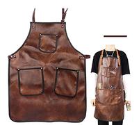 Tablier en cuir, Tablier de chef en cuir PU imperméable avec poches et bretelles croisées dans le dos Tablier de Travail de Salon tablier réglable à la chaleur et aux taches pour la cuisine barbecue