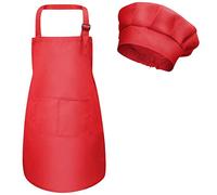 Tablier Enfant et Chapeau de Chef, Bambin Tablier de Chef avec Poches pour Filles Garçons, Toque et Tablier Cuisine Enfant, Tablier de Cuisson Jardin pour Peinture Artisanat (M pour 3-6 Ans) (Rouge)