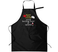 Tablier humoristique pour femme avec poches - Kiss The Cook And Bring Her A Wine, Tricot brodé, taille unique