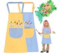 Tablier Peinture Enfant, Tablier Enfants avec Poches Pour Garçons Filles, 2Pièces Blouse Peinture Enfant Réglables, Tablier Enfant Imperméable et Réglables, pour Peinture, Cuisine (Bleu + Jaune)