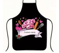 Tablier polyester unisexe personnalisé, tablier jetable personnalisé avec nom, tablier personnalisé avec texte, tablier personnalisé avec texte, thème de chef rose avec ustensiles de cuisine, imprimé 