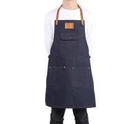 Tablier pour Adulte, 32,28 X 25,98 Po Tablier à Bavette en Denim Sangle en Cuir Baker Bartender BBQ Chef Work Cook Uniform(Bleu Denim + Logo Vierge)