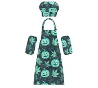 Tablier pour enfant mignon Halloween dessin animé citrouilles feuille d'érable vert tablier réglable avec poches pour la cuisine, la pâtisserie, la peinture, l'artisanat 3 à 12 ans, Citrouilles de