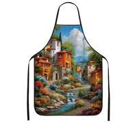 Tabliers artistiques pour la cuisine, tablier de cuisine pour adulte, motif de ville pittoresque, tablier lavable en lin coloré, multicolore, 24x31 Inch