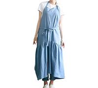 Tabliers Tablier pour Femme Tablier Long Vintage Mélange Coton/Lin Réglable Queue de Poisson Style Japonais Robe Jardinage Travaux Reto (Bleu)