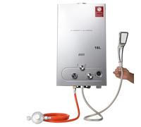 TABODD 16L Chauffe-eau à Gaz Propane avec Régulateur de Pression, 32KW Chauffe-eau Instantané GPL Brûleur Portatif de Chauffe - eau Instantané sans Réservoir avec avec Kit Douche pour Camping, Argent