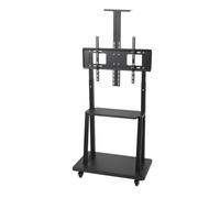 TABODD Support de sol TV - Roulable - Avec étagère en bois - Support TV - Avec roulettes - Hauteur réglable - Barre pivotante - Pour écran plat de 60 à 75" - Jusqu'à 40 kg