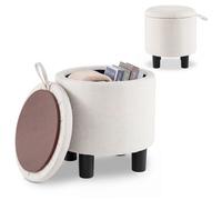 Tabouret 48L COSTWAY avec Espace de Rangement - Couvercle Réversible Amovible en Tissu Lin, Charge160 KG, Ø38x H42 CM Beige