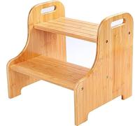 Tabouret à 2 marches en Bois pour Enfants avec Surface antidérapante,Marchepied 2 marches antidérapantes en Bambou avec 2 poignées Portables,Polyvalent et Robuste,Naturel