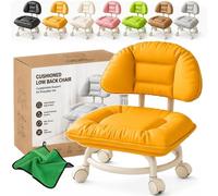 Tabouret à roulettes rembourré avec dossier, tabouret bas ergonomique et roulettes silencieuses | Roulette rotative à 360°, mini tabouret à chaussures portable, matériau PU, pour la maison, le bureau