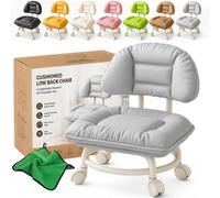 Tabouret à roulettes rembourré avec dossier, tabouret bas ergonomique et roulettes silencieuses | Roulette rotative à 360°, mini tabouret à chaussures portable, matériau PU, pour la maison, le bureau