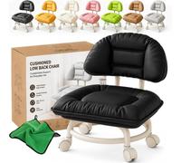 Tabouret à roulettes rembourré avec dossier, tabouret bas ergonomique et roulettes silencieuses | Roulette rotative à 360°, mini tabouret à chaussures portable, matériau PU, pour la maison, le bureau