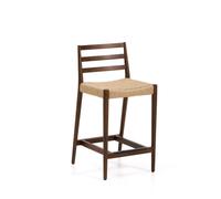 Tabouret Analy avec dossier en chêne massif finition noyer et assise en corde, 65 cm, certifié FSC 100%