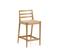 Tabouret Analy avec dossier en chêne massif, finition ton naturel et assise en corde 100 % FSC de 65 cm.