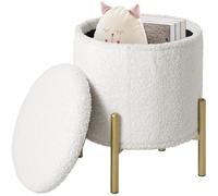 Tabouret avec Espace de Rangement, Pouf Pliable avec Pieds Métalliques, Couvercle Rembourré, 35x35x41cm, Blanc E0EG0037