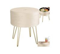 Tabouret - TECTAKE - Tabouret rond AVA avec coffre de rangement 105 L aspect velours rembourré, Ø 37,5 x 44,5 cm - Crème