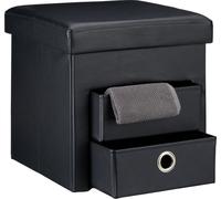 Relaxdays Tabouret de rangement carré pliant en similicuir avec couvercle amovible pouf ottoman de stockage cube pour salon pliable avec 2 tiroirs amovibles repose-pieds HxlxP: 38 x 38 x 38 cm, noir