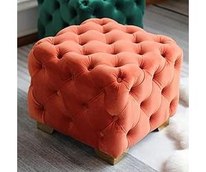 Tabouret carré en velours capitonné avec boutons - Pouf cube rembourré - Table basse pour salon ou chambre à coucher - Orange