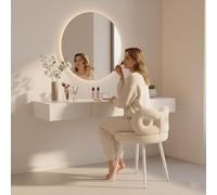 Tabouret Coiffeuse, Chaise Coiffeuse avec Dossier Noeud Papillon, Assise Mouton Douce, Structure Acier Carbone, Supporte 150kg, pour Salon, Salle de Bain, Chambre, Moderne et Simple (Blanc)