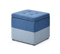 Tabouret cube multifonction en lin bleu avec banc de rangement en bois massif et repose-pieds pour salon, couloir, canapé et décoration d'intérieur - Design carré élégant