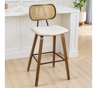 Tabouret de bar avec dossier en rotin et cadre en bois massif, hauteur d'assise 65 cm, avec siège en cuir synthétique souple, chaises de bar scandinaves pour îlot de cuisine, bistro et salon, charge